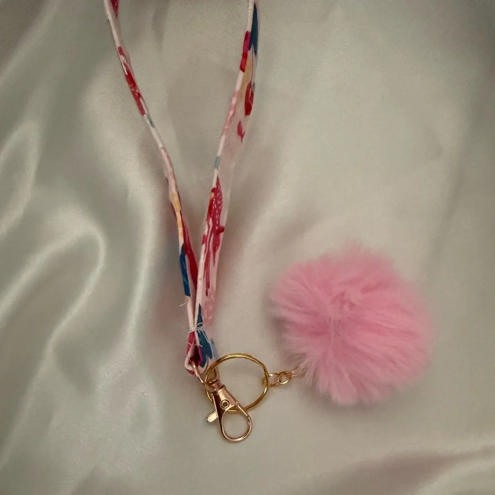 Handmade Floral Deer Print Wristlet Keychain with Light Pink Pompom